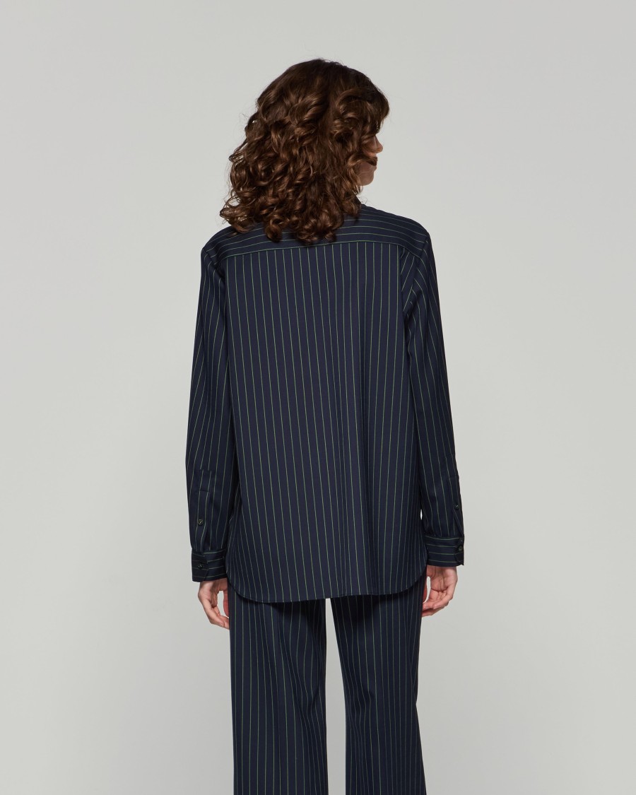 Serena Bute Wool Pinstripe Boyfriend Shirt - Black/pink In Blue