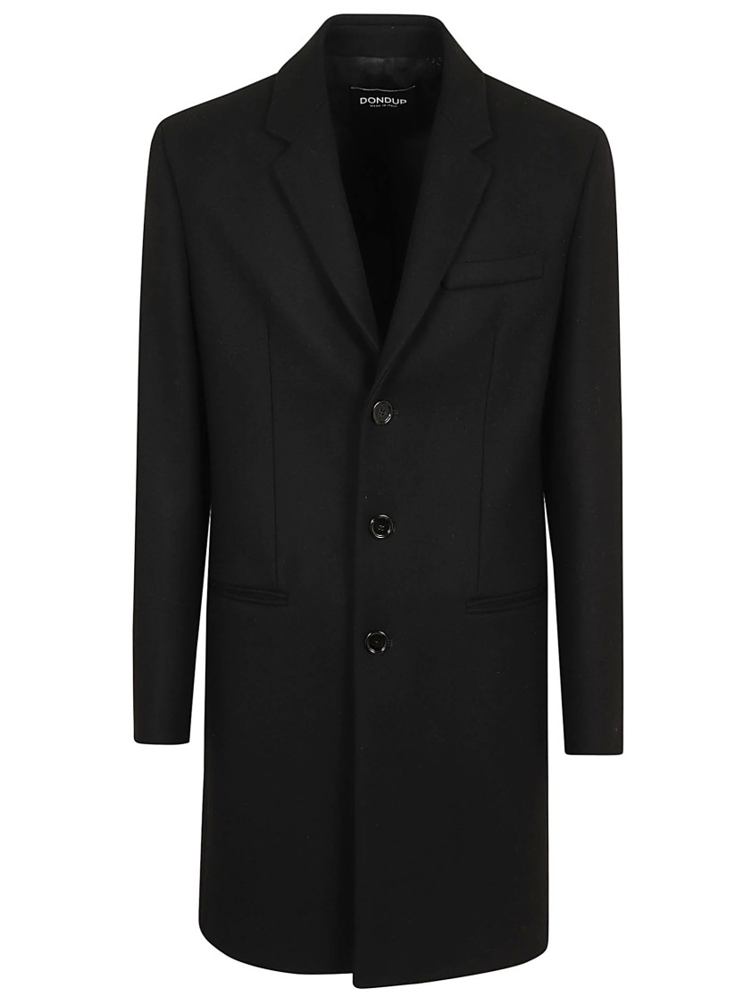 Dondup Knee-length Wool Coat With Welt Pockets And Three Buttons In Black