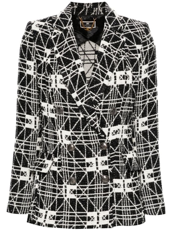 Shop Elisabetta Franchi Double-breasted Jacquard Tweed Jacket In Grey