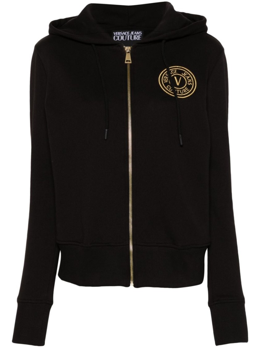Versace Jeans Couture Black Zip-up Sweatshirt With Embroidered Logo In Black
