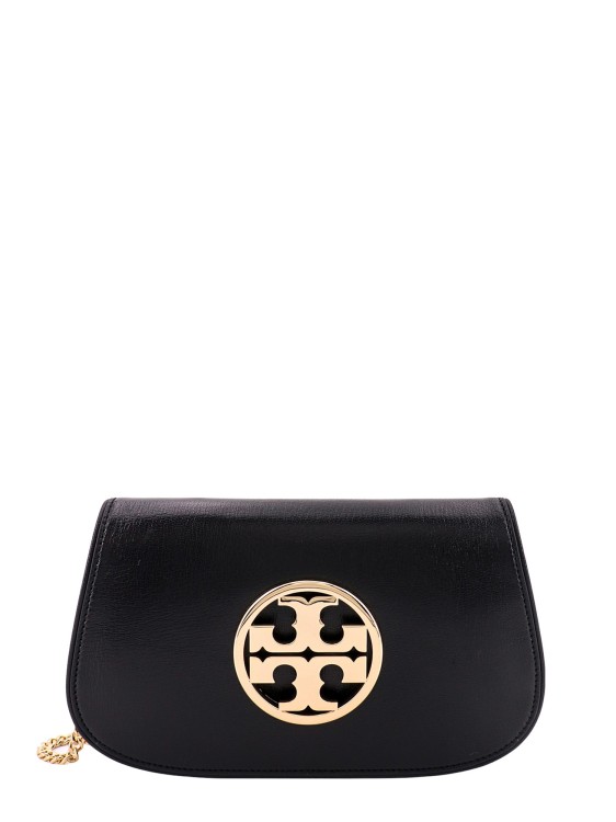 Tory Burch Leather Clutch With Metal Logo In Black