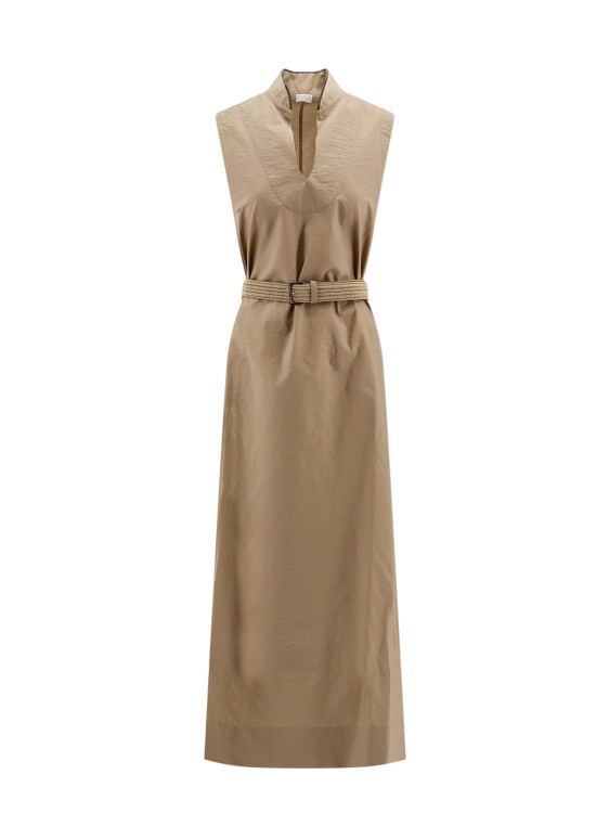 Shop Brunello Cucinelli Cotton Blend Dress With Belt In Brown