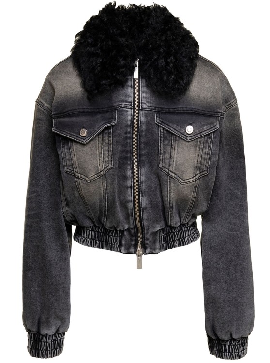 Shop Blumarine Black Jacket With Faux Fur Collar And Logo Embroidery In Stretch Cotton Denim In Grey