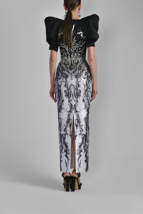 Shop Saiid Kobeisy Printed Satin Fitted Dress In Grey