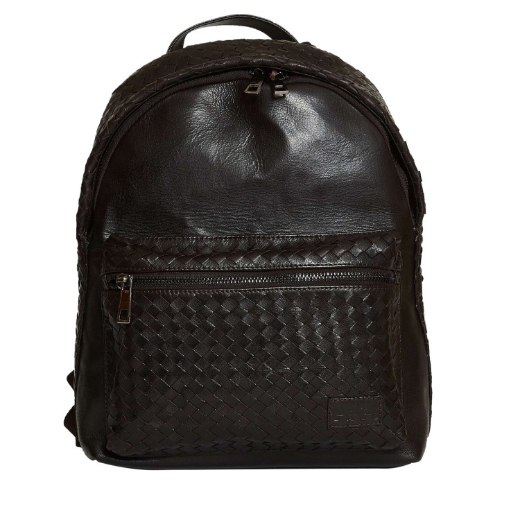 The Jack Leathers Brown Woven Leather Backpack In Black