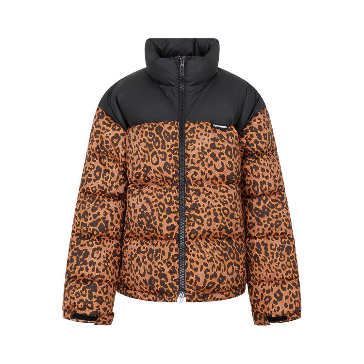 Vetements Leopard Logo Puffer Jacket In Brown