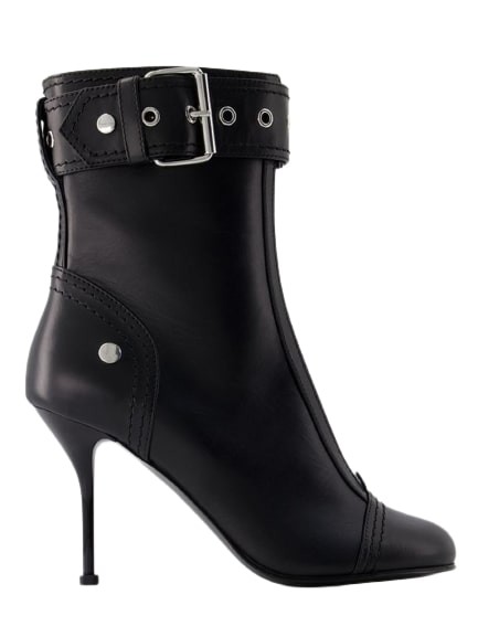 Shop Alexander Mcqueen High-heeled Ankle Boots - Leather - Black/silver