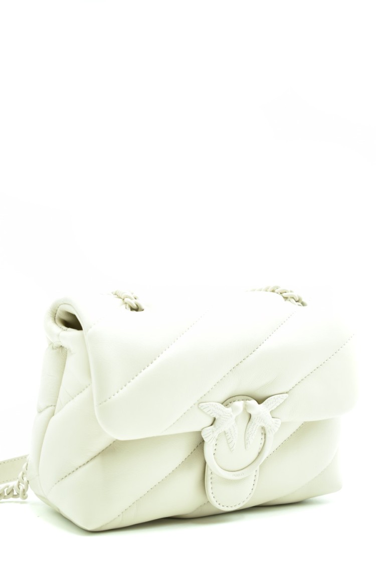 Pinko Leather Shoulder Bag With Intricate Design And Chain Strap In White