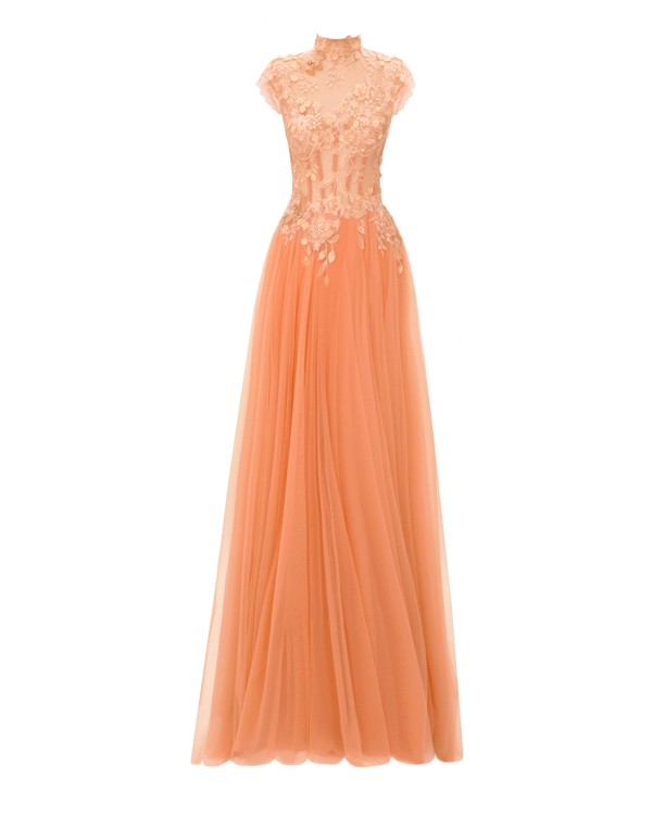 Gemy Maalouf High-collar Floral Corset Dress - Long Dresses In Orange