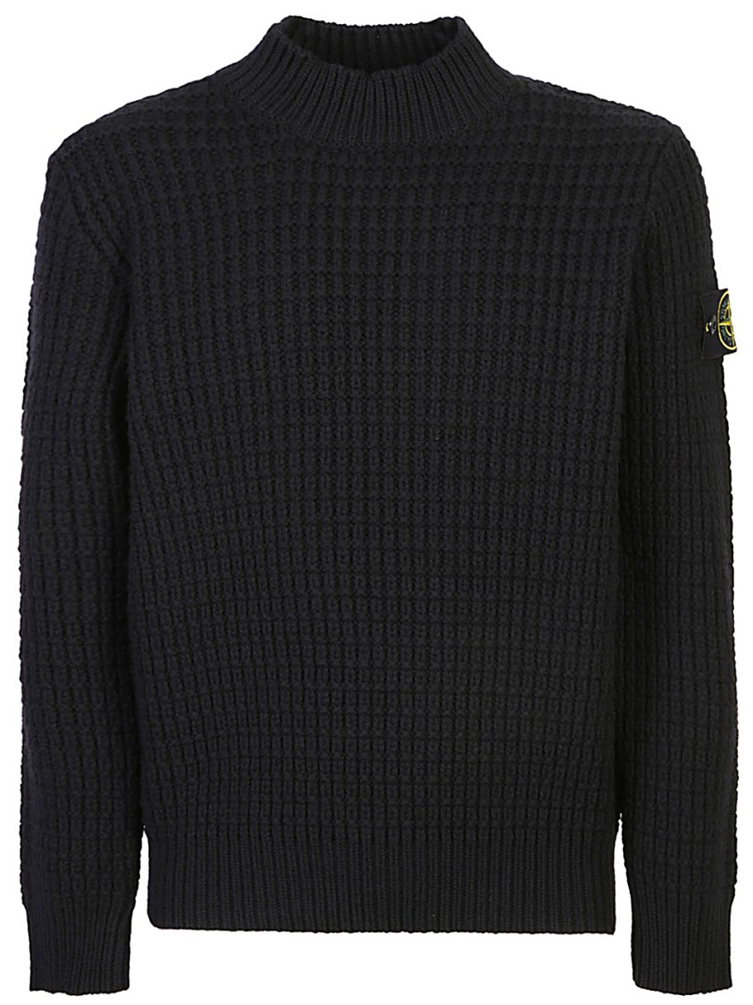 Stone Island Ribbed Texture Black Crew Neck Sweater In Black
