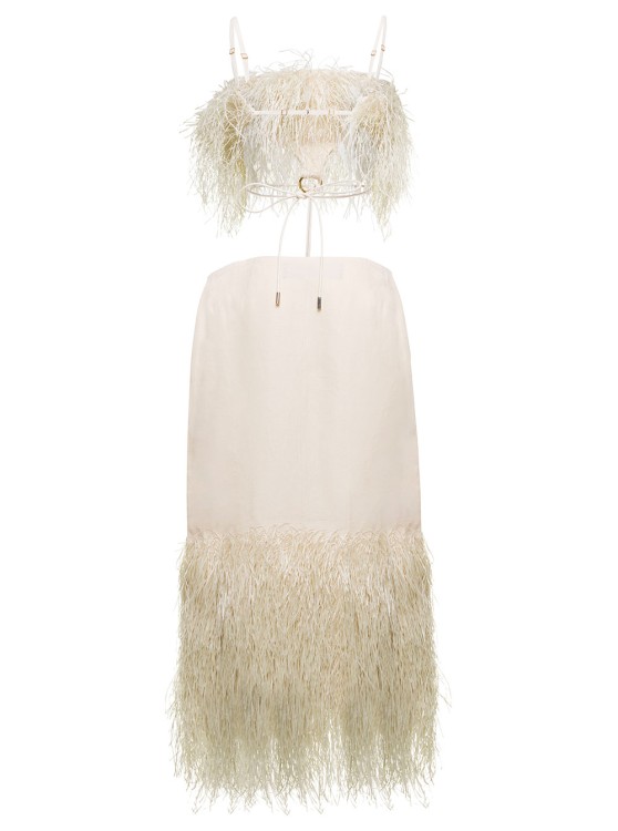 Shop Jacquemus La Robe Raphia' Midi Cream White Dress With Fringes And Cut-out In Cotton Canvas In Neutrals