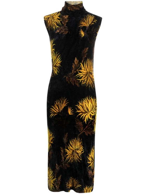 Etro Midi Corduroy Floral Print Multicolor Dress In Black