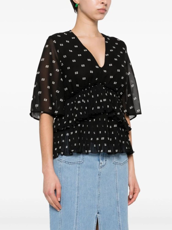 Shop Ganni Graphic-print V-neck Pleated Blouse In Black