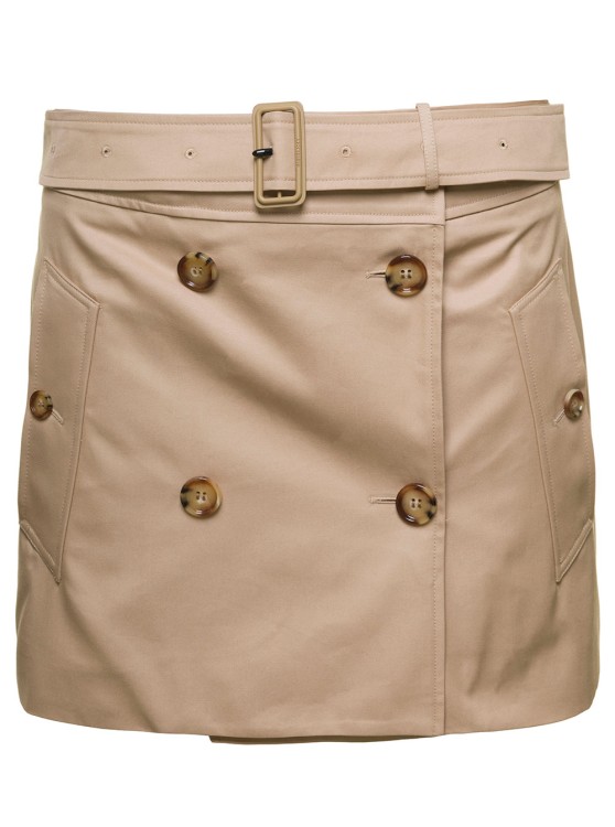Shop Burberry Brielle' Beige Mini Skirt With Belt And Button Fastening In Cotton In Neutrals