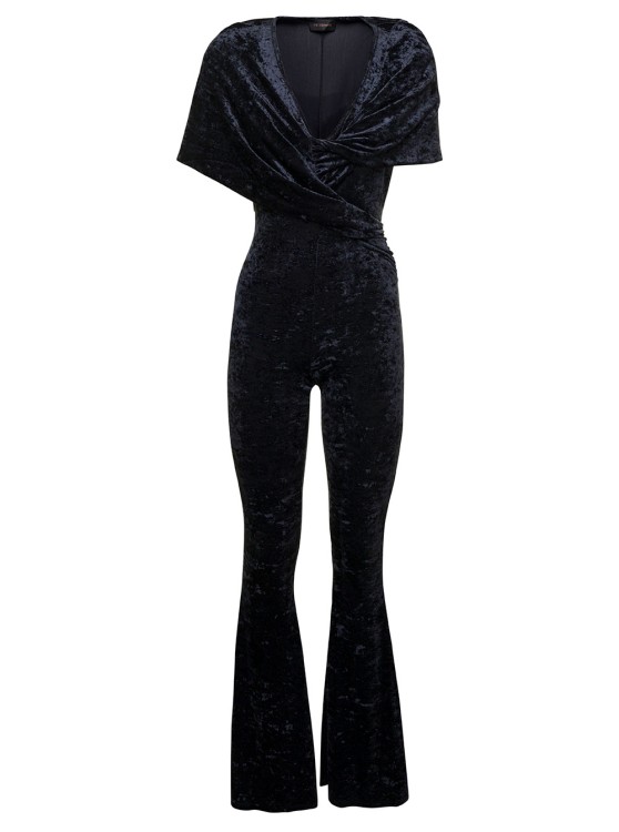 Andamane Naomi' Blue Hooded Flared Jumpsuit In Crushed Velvet In Black