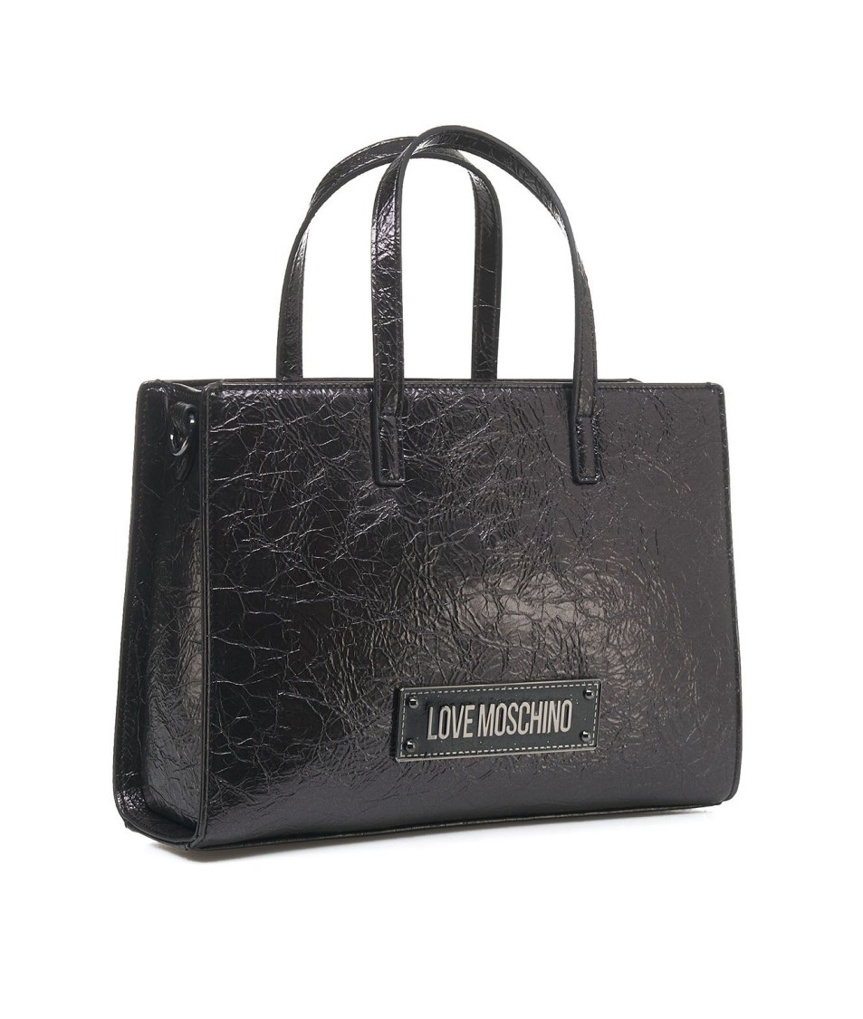 Love Moschino Medium Laminated Shopper Bag In Black