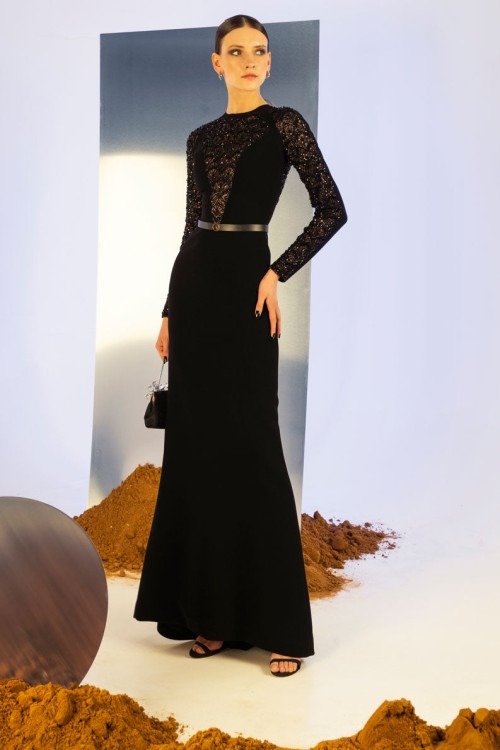 Shop Saiid Kobeisy Beaded Long Crepe Dress In Black