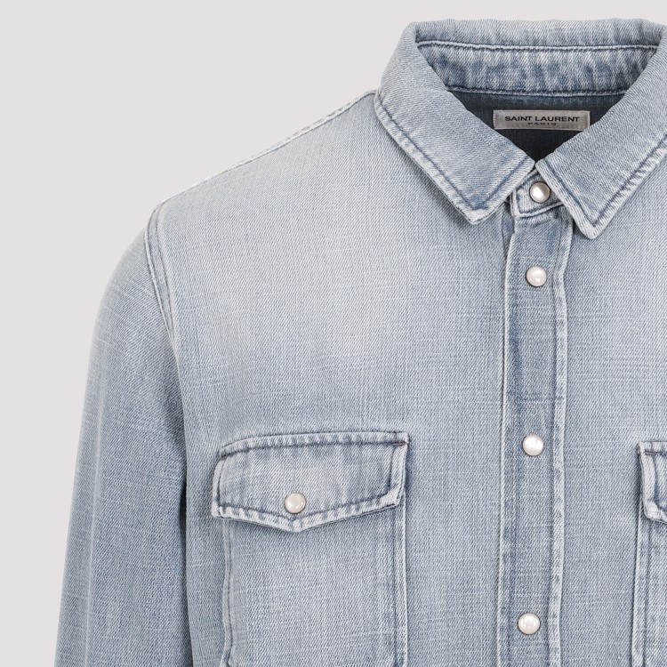 Shop Saint Laurent Oversize Pointy Pockets Light Blue Cotton Shirt