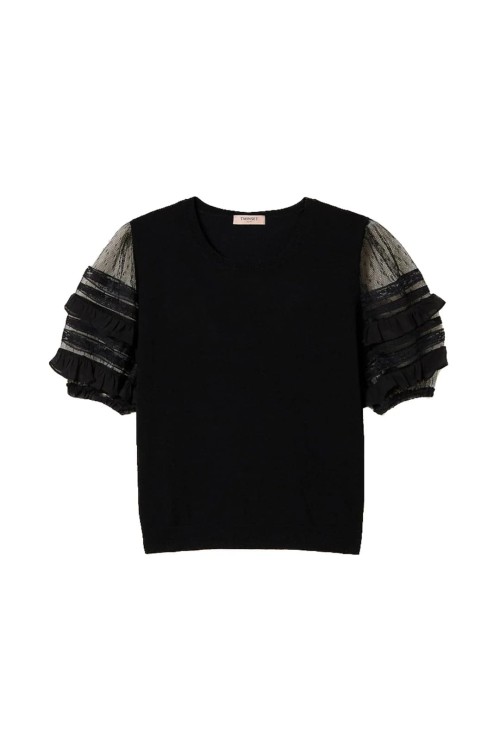 Twinset Black Viscose Blend Sweater With Short Flounced Sleeves
