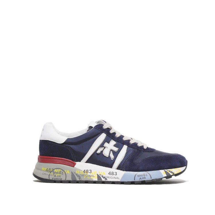 Shop Premiata Lander Sneaker Made Of Suede And Blue Technical Fabric In Grey