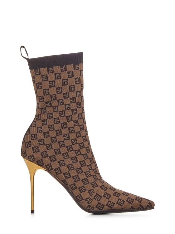 Balmain Skye Monogram Knit Stiletto Booties In Brown