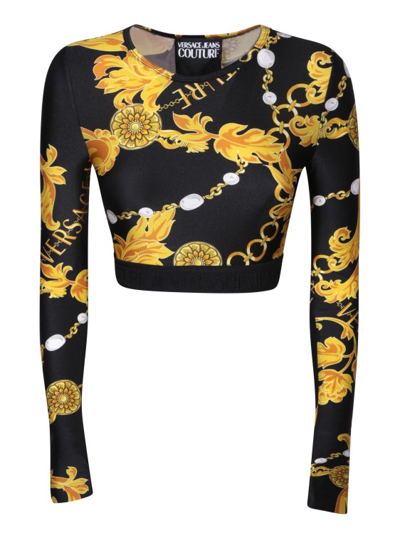 Versace Jeans Couture Black Longsleeve Tops With All-over Baroque Print In Black