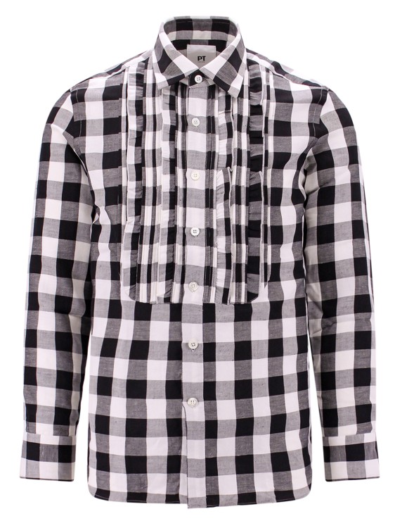 Shop Pt Torino Cotton And Linen Shirt With Check Motif In Grey