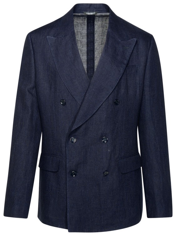 Shop Dolce & Gabbana Navy Linen Blazer In Blue