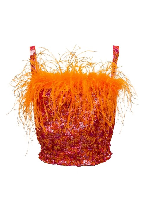 Shop Andreeva Orange Flower Top With Feather Details