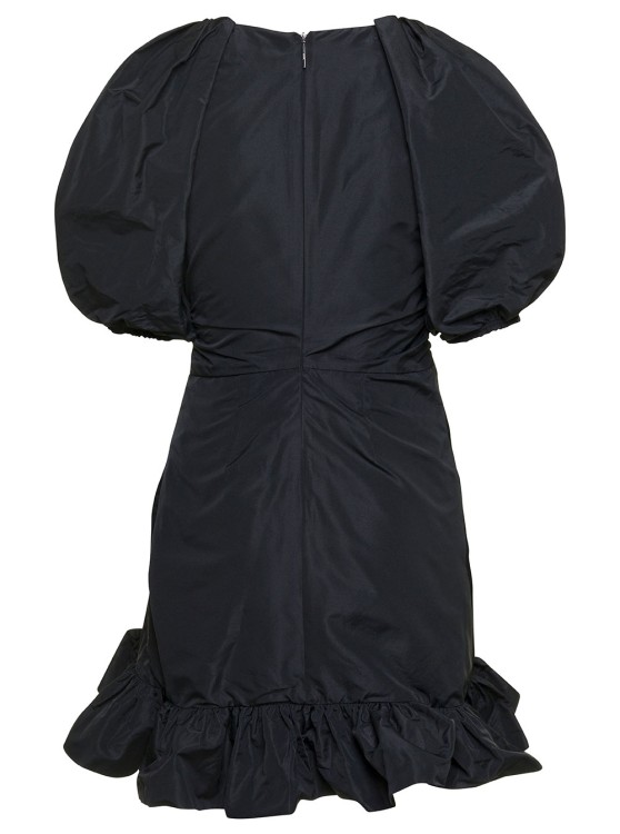 Shop Msgm Mini Black Dress With Puff Sleeves And All-over Gatherings In Taffeta