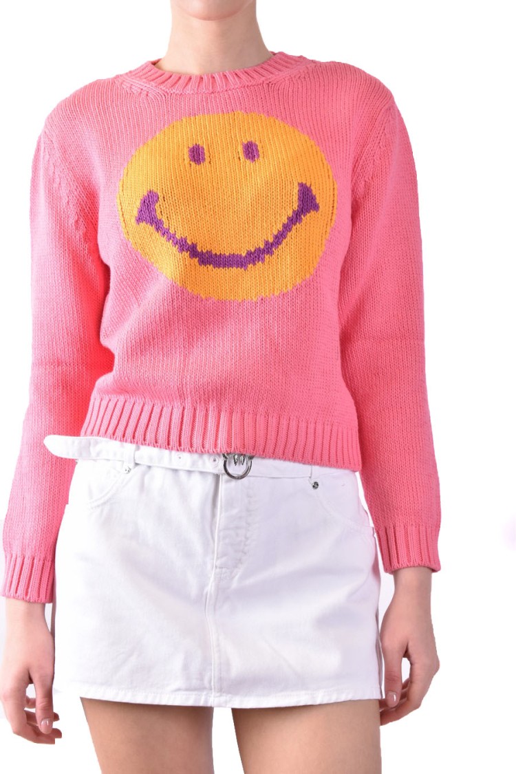 Moschino Couture! Crew Neck Smiley Cotton Sweater In Burgundy