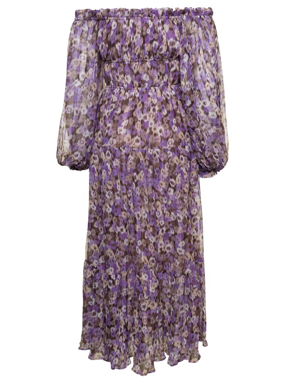 Shop Sabina Musayev Mary' Purple Off-the-shoulders Long Dress With Floreal Print In Grey