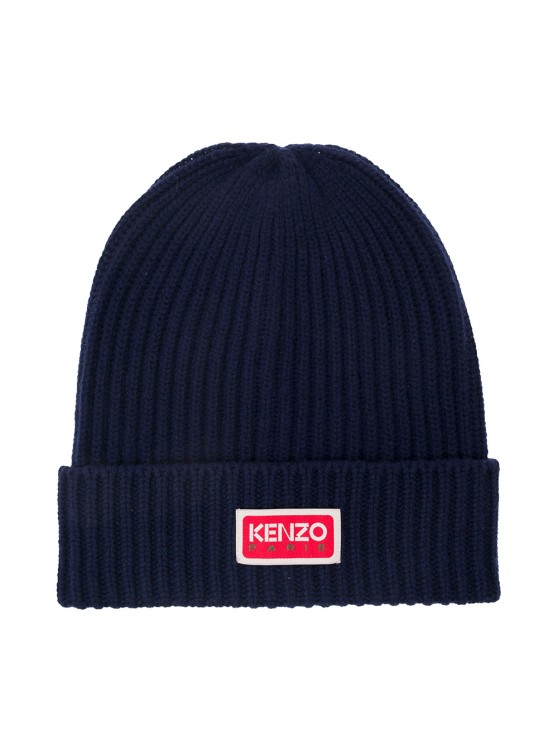 Kenzo Blue Beanie With Ribbed Texture And Contrastring Logo Patch In Wool In Black