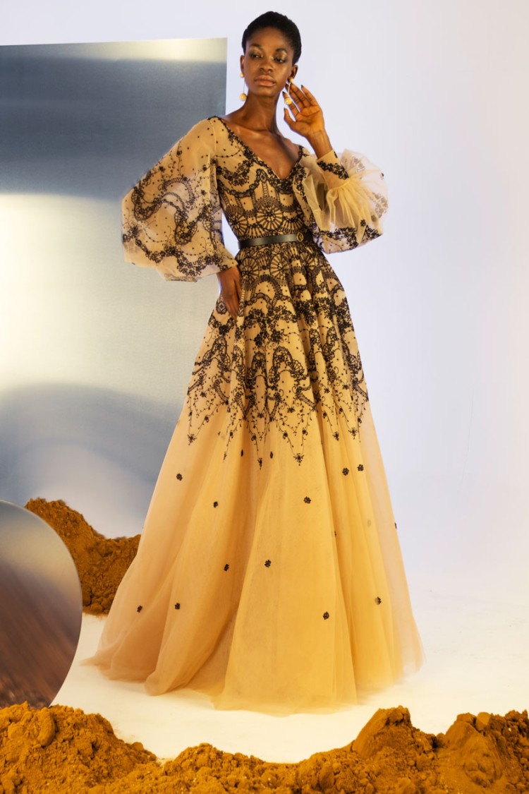 Saiid Kobeisy Tulle Embroidered Gown With Belt In Neutrals