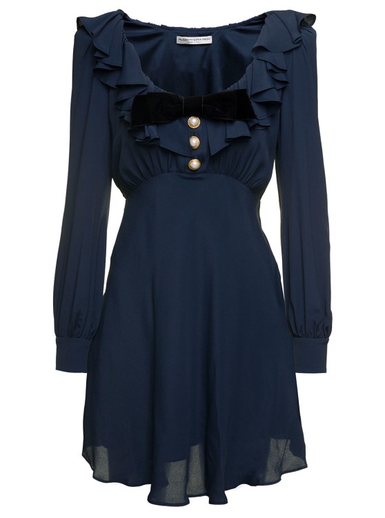 Shop Alessandra Rich Blue Mini Dress With Volant Collar And Velvet Bow In Acette Blend