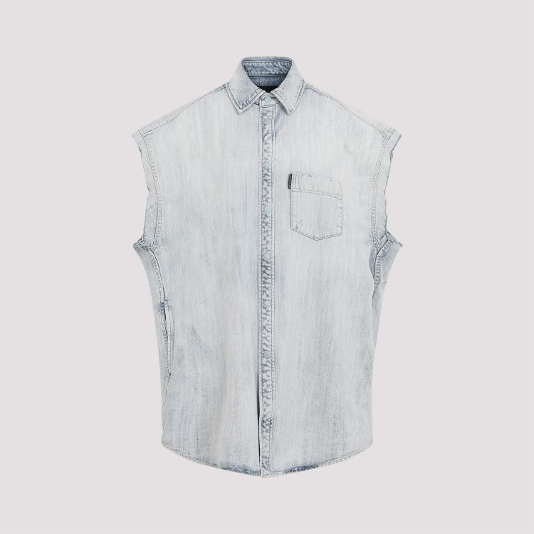 Shop Balenciaga Ripped Sleeve Light Blue Cotton Shirt