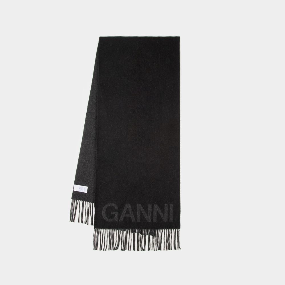Ganni Black Recycled Wool Scarf Women In Black