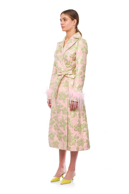 Shop Andreeva Pink Jacquard Coat With Detachable Feather Cuffs