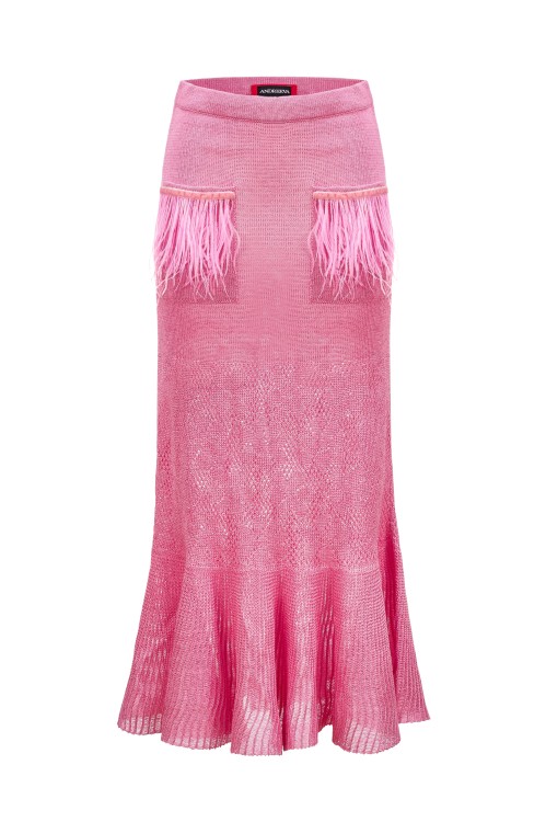 ANDREEVA PINK KNIT SKIRT WITH FEATHER DETAILS ON THE POCKET,2361f4b6-c6c9-e72b-8aa2-825950d5766c