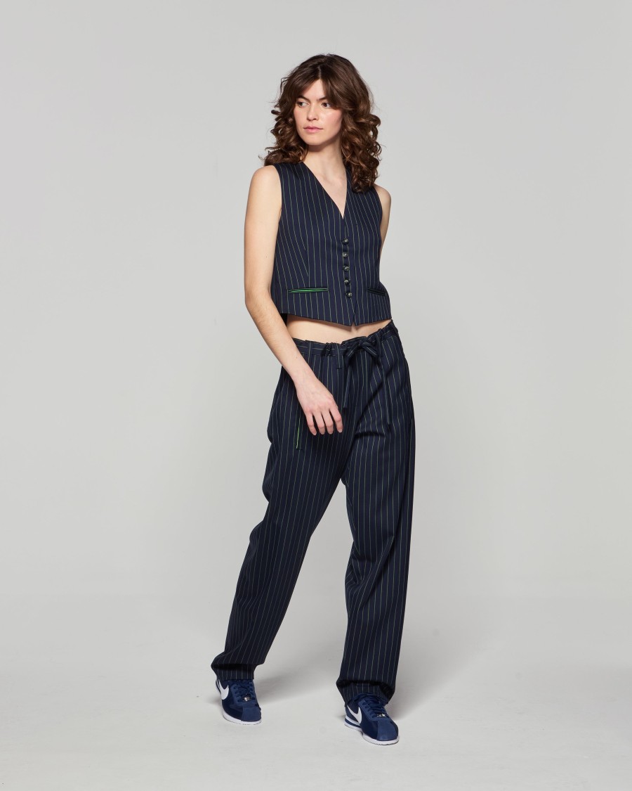 Shop Serena Bute Wool Pinstripe Utility Trouser - Navy/green In Blue