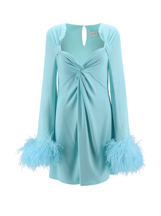 Shop Nervi Dress With Natural Feathers With Knot On The Front In Blue