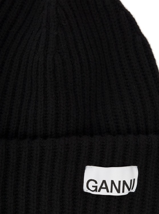 Shop Ganni Black Fisherman Rib Beanie With Logo Patch In Wool Blend