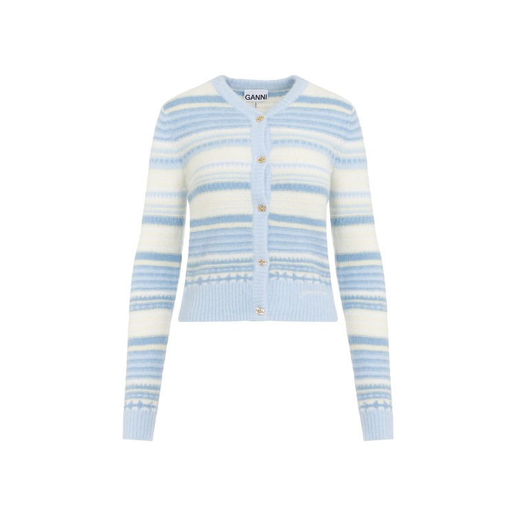 Shop Ganni Stripe Light Blue Soft Wool Cardigan