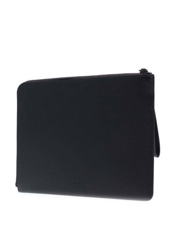 Shop Kenzo Black Clutch Bag With Logo Patch And Wrist Strap In Leather