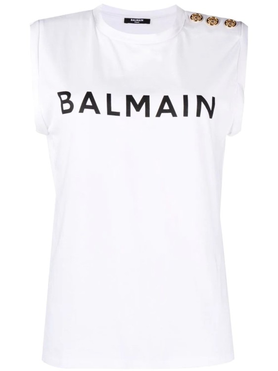 Shop Balmain Logo Print White Sleeveless T-shirt