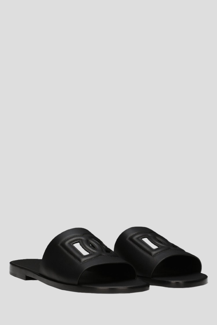 Dolce & Gabbana Black Sandals With Dg Logo Cut-out In Leather Man In Black