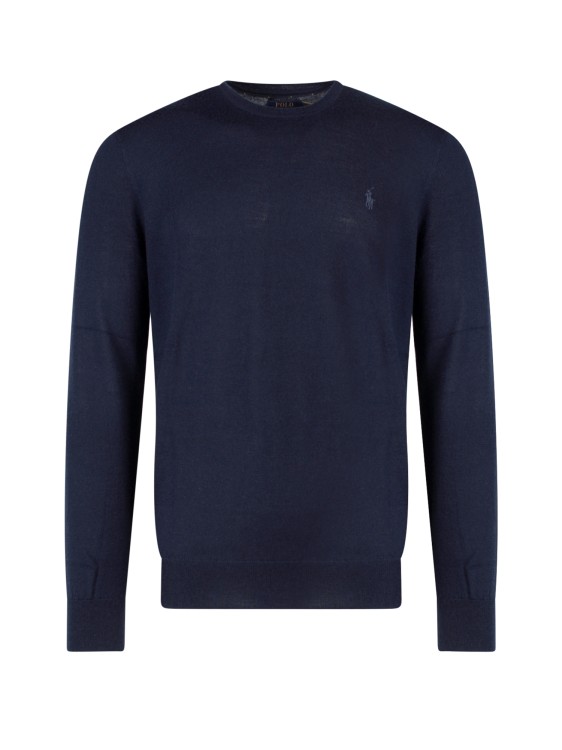 Shop Polo Ralph Lauren Wool Slim Fit Sweater With Logo Embroidery In Blue