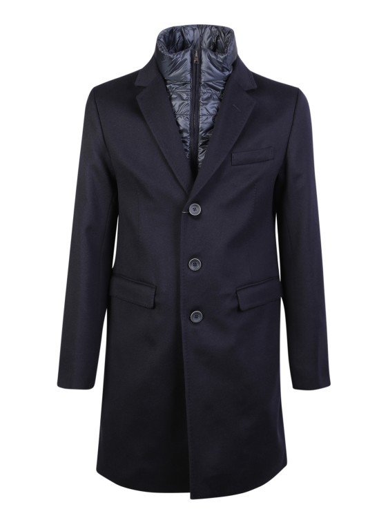 Herno Detachable Bib Coat By . It Features A Refined Tailored Style Emphasised By A Warm Bib Co In Blue