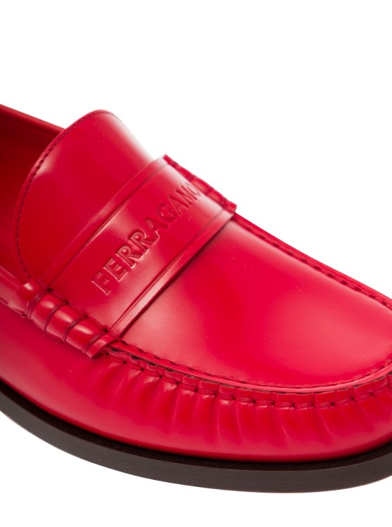 Shop Ferragamo Red Loafers With Embossed Logo In Smooth Leather