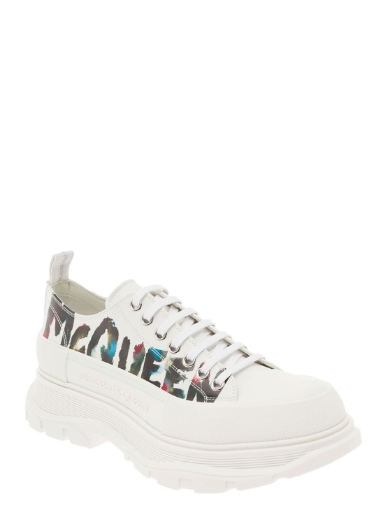 Shop Alexander Mcqueen White 'tread Slick' Sneakers With Graffiti Logo Print In Calf Leather